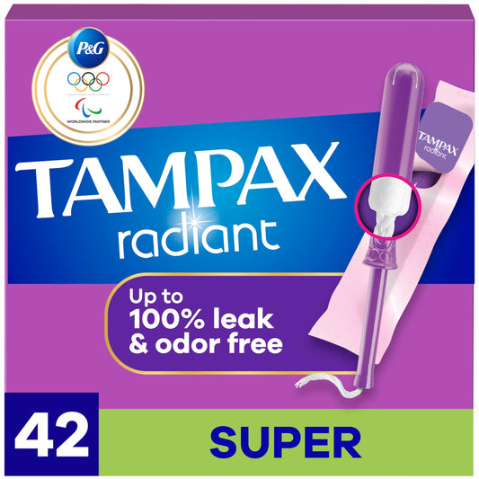 Tampax Radiant Tampons, with LeakGuard Braid, Super Absorbency, Unscented, 42 Count