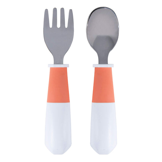 Tiny Twinkle Fork and Spoon Set - Durable Toddler Silverware with Stainless Steel Heads, Toddler Spoons and Forks with Easy to Grasp, Non-Slip Handles, Baby Utensils for Ages 12 Months+ (Coral)