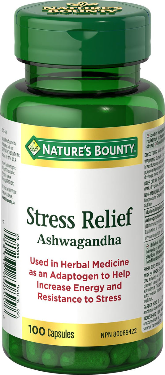 Nature's Bounty Stress Relief Ashwagandha, Help increase energy and resistance to stress, 100 Capsules