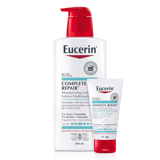 EUCERIN Complete Repair Moisturizing Lotion + Hand Cream Duo Pack With 5% Urea and Ceramides, Fragrance Free, Moisturizing Body Lotion for Dry Skin, 500mL + Moisturizing Hand Cream for Dry Hands, 75mL