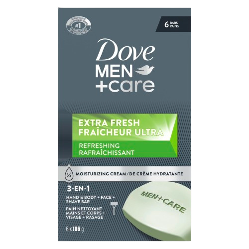 Dove Men+Care Refreshing Extra Fresh Bar Soap Formulated for Men's Skin, 3-N-1 Hand & Body + Face + Shave Bar Soap, with ¼ Moisturizing Cream, 106g (Pack of 6)