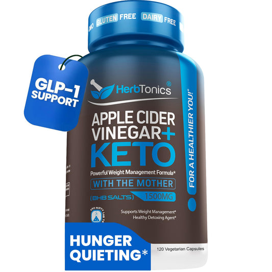 Herbtonics Apple Cider Vinegar + Keto BHB Capsules | GLP-1 Support for Appetite, Cravings & Weight Management | Metabolism Support with Satiety Support | 120 Capsules - 2 Month Supply