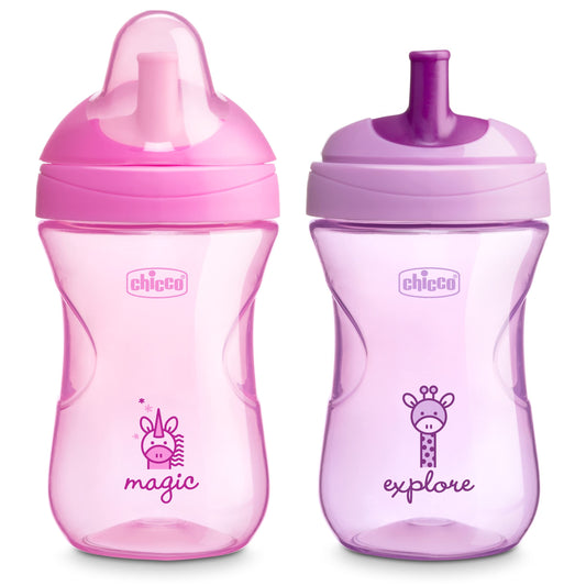 Chicco Sport Spout Trainer with Semi-Firm, Bite-Resistant Spout and Spill-Free Lid 9oz.| Top-Rack Dishwasher Safe | Easy to Hold with Ergonomic Indents | Pale Pink/Lavender, 2pk | 9+ Months