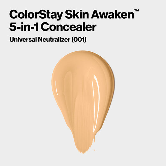 Revlon ColorStay Skin Awaken 5-in-1 Concealer, Lightweight, Creamy Longlasting Face Makeup with Caffeine & Vitamin C, For Imperfections, Dark Circles & Redness, 001 Universal Neutralizer, 0.27 fl oz/ 8ml