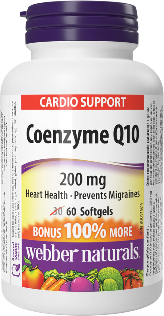 Webber Naturals Coenzyme Q10 (CoQ10) 200 mg, High Potency Antioxidant, Non-GMO, Gluten Free, 60 softgels, for Heart Health and Cellular Energy Production