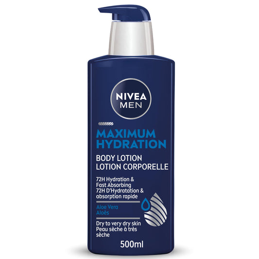 NIVEA MEN Maximum Hydration Body Lotion for Dry to Very Dry Skin, 72-Hr Moisture, Fast-Absorbing Body Moisturizer for Men with Aloe Vera, 500 ml