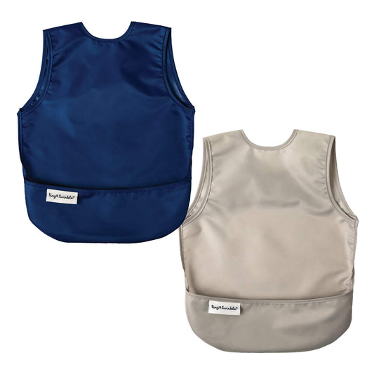 Tiny Twinkle Mess-Proof Apron Toddler Bibs w/Tug-Proof Closure, Baby Food Bibs, 2 Pack Grey, Indigo