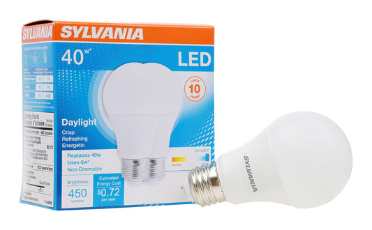 Sylvania, 40W Equivalent, LED Light Bulb, A19 Lamp, 2 Pack, Daylight, Energy Saving & Longer Life, Value Line, Medium Base, Efficient 6W, 5000K