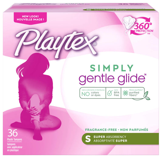 Playtex Simply Gentle Glide Fragrance Free Tampons, Super Absorbency, Pack of 36