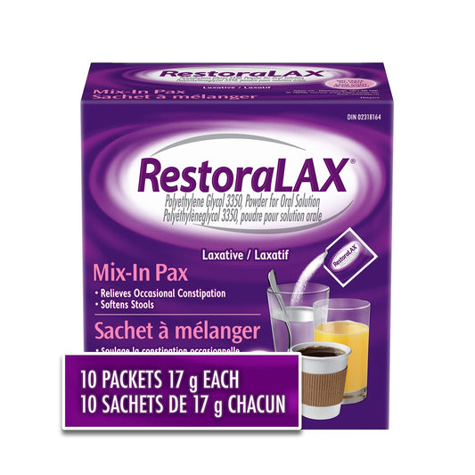 RestoraLAX Powder Stool Softener Laxative - Laxatives For Constipation, Effective Constipation Relief For Adults, No Taste, No Grit, No Gas, No Bloat, No Cramps, No Sudden Urge, 10 Single Dose Sachets