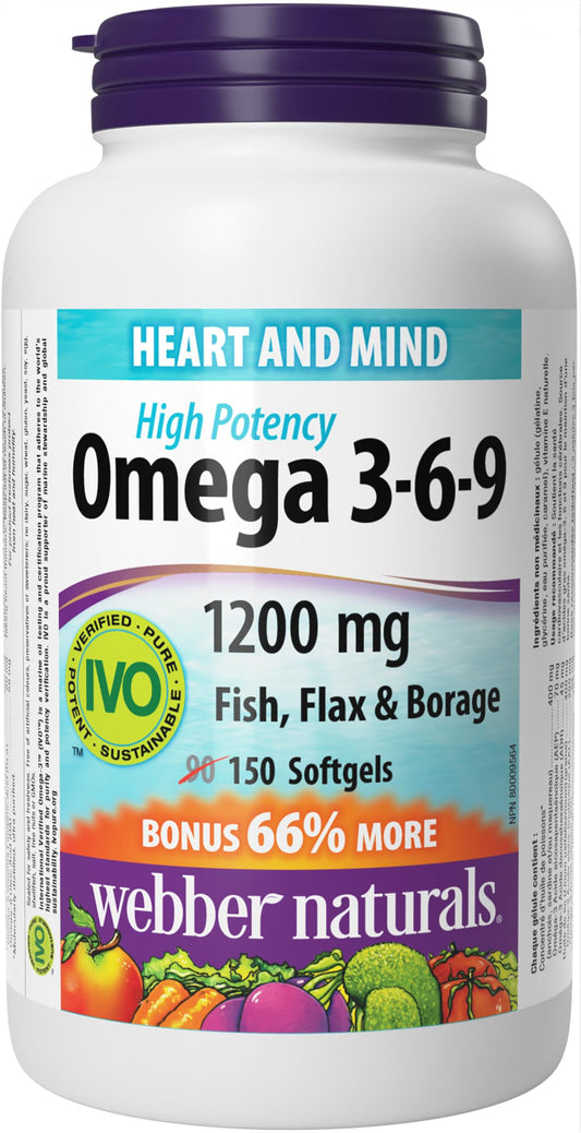 Webber Naturals Omega 3-6-9 1,200 mg Fish Oil, 150 Softgels, Supports Cardiovascular Health and Brain Function