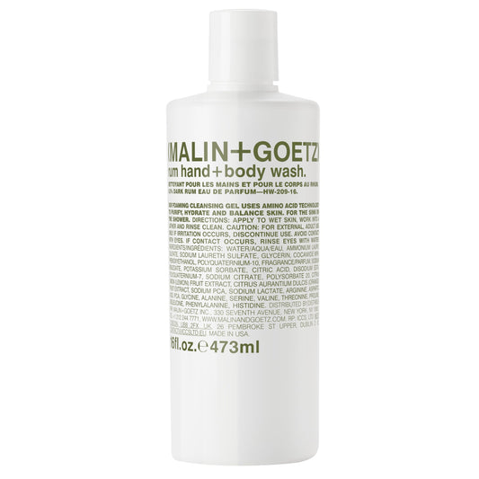 Malin + Goetz Rum Hand + Body Wash, soothing hydrating body soap for men and women, prevents dry skin, no stripping or irritation. Natural ingredients, cruelty-free, vegan, 16oz.