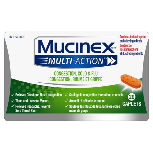 Mucinex Multi-Action Congestion,Cold & Flu Caplets, 20 count