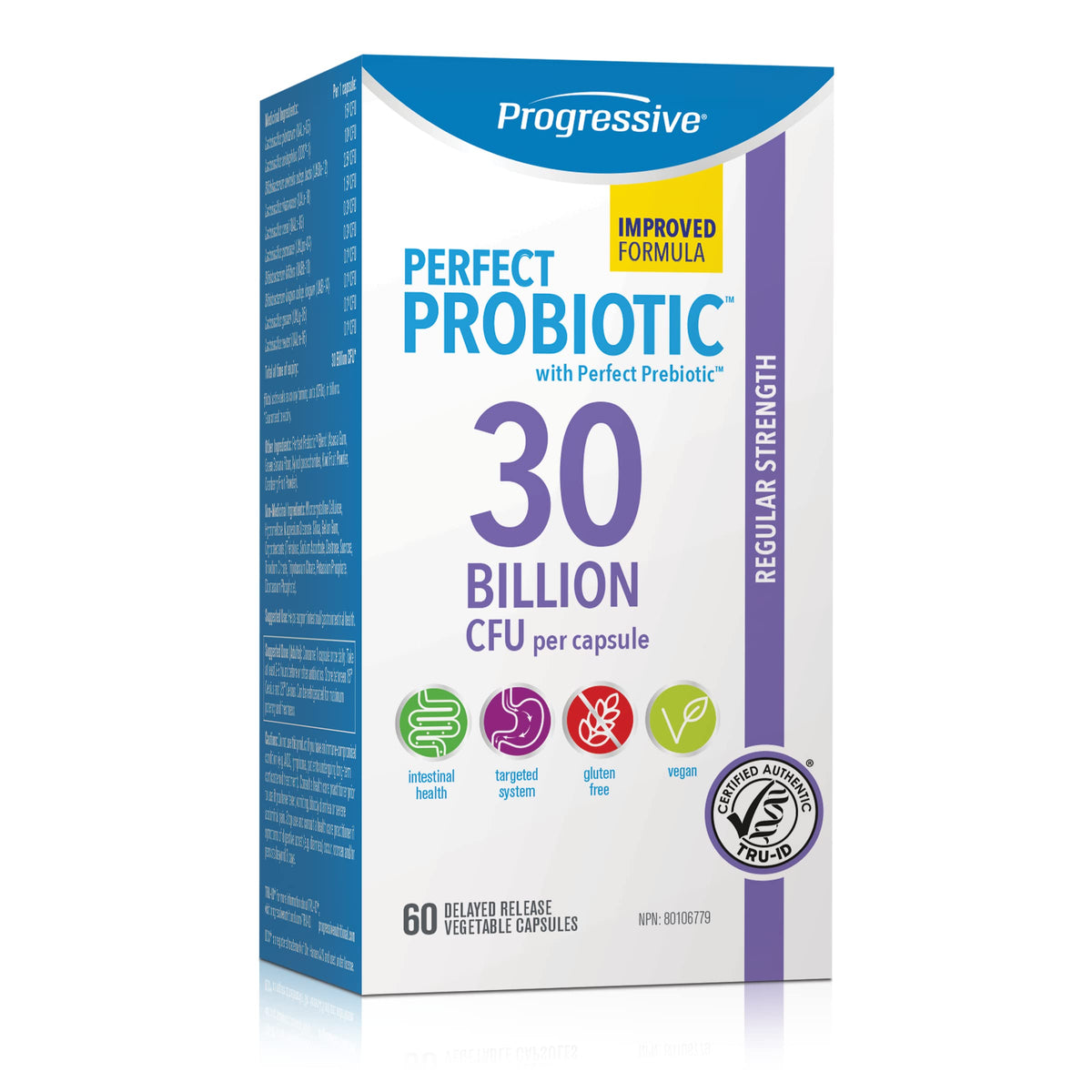 Progressive Perfect Probiotic 30 Billion CFU, 10 Strains + Prebiotic Blend, with Lactobacillus plantarum, and DDS-1® L. acidophilus, Delayed-Release Guaranteed Potency, Shelf-Stable, Digestive and Gut-Health Support, 60 Vegan Capsules