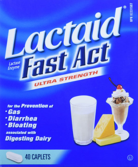 Lactaid Fast Acting Caplets - Lactose Enzyme Break Down - Gas, Bloating or Diarrhea - Milk & Dairy - 40 Caplets Per Package