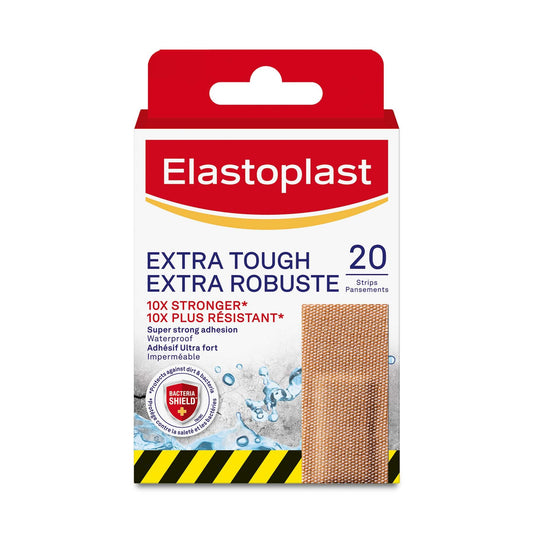 Elastoplast Extra Tough Waterproof Adhesive Bandages, 20 Strips, Assorted Sizes, Beige | Flexible Fabric | Durable Protection Super Strong Adhesion for Extra Strong Sticking Power