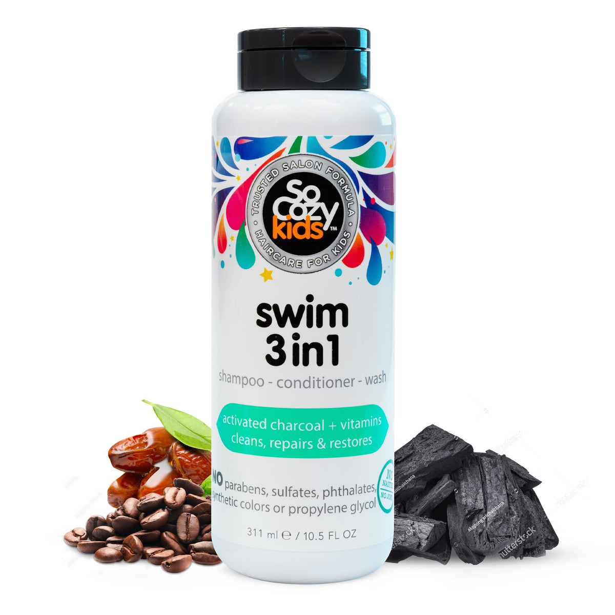 SoCozy Kids Swim 3-in-1 Shampoo, Conditioner & Body Wash - 3-in-1 Combo Pool Shampoo & Conditioner for Swimmers - Salt & Chlorine Removing Activated Charcoal for Toddler & Kids Hair After Swimming