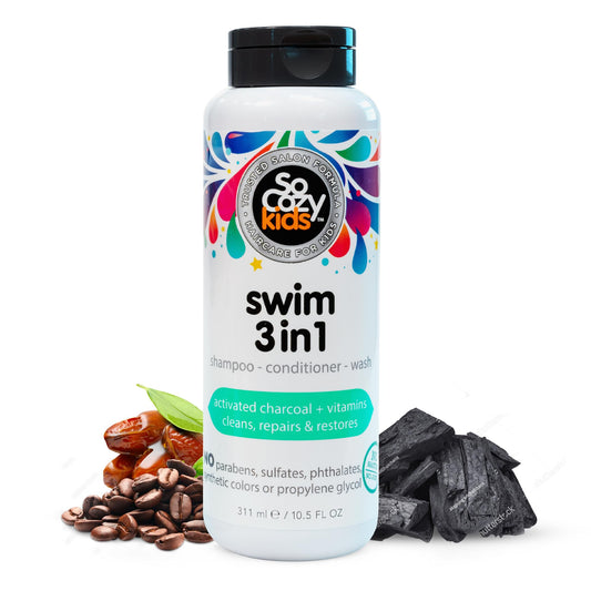 SoCozy Kids Swim 3-in-1 Shampoo, Conditioner & Body Wash - 3-in-1 Combo Pool Shampoo & Conditioner for Swimmers - Salt & Chlorine Removing Activated Charcoal for Toddler & Kids Hair After Swimming