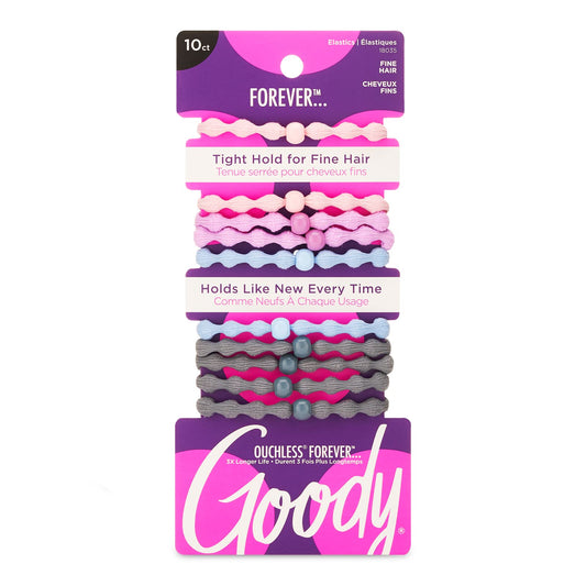 Goody Ouchless Forever Hair Elastics -10 Count, Assorted Colors - Damage-Free Bands, 3X Stronger Elastic Ties, Retainable Shape, 16 Strand Inner Core, Styling Accessories for Women & Men, All Hair Types