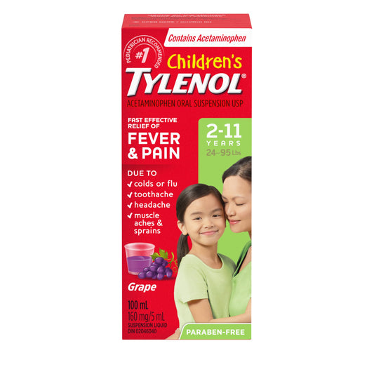 Tylenol Children's Medicine, Fast Effective Relief of Fever & Pain, 2-11 Years, Grape Liquid, Packaging May Vary, 100mL