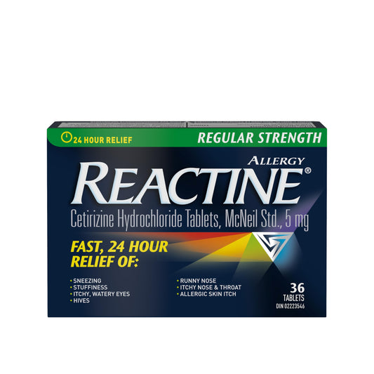 Reactine Regular Strength Antihistamine Tablets - 5mg Cetirizine Hydrochloride - 24 Hour Allergy Relief Medicine - 36 Count MADE IN CANADA