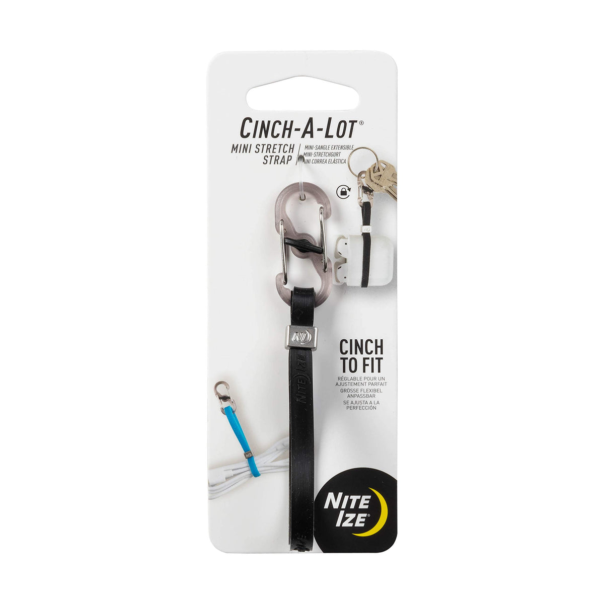 Nite IZE Cinch-A-Lot Mini Stretch Strap, Adjustable Slider and Strap Holds Earbuds Cases, Hand Sanitizer and Lip Balm, Black