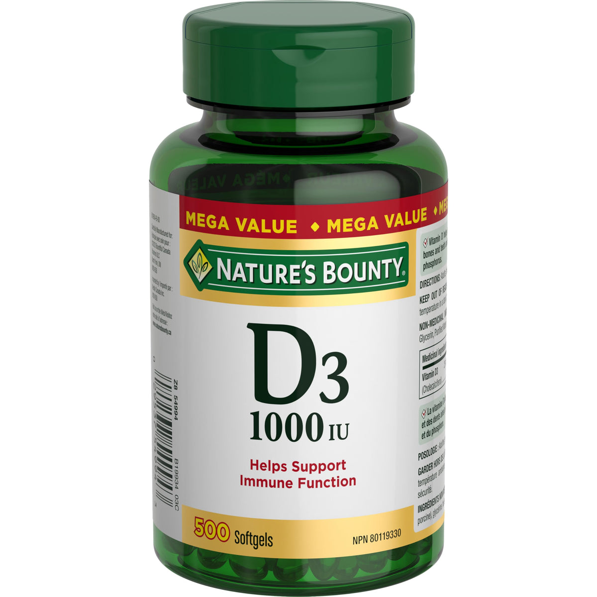 NATURE'S BOUNTY Vitamin D3, 1000 IU, Mega Value, Helps Support Immune Function, Helps Develop & Maintain Bones & Teeth, Helps in Absorption Of Calcium & Phosphorus, 500 Softgels, 118 g