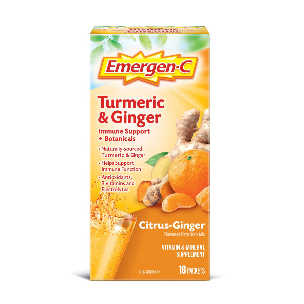 Emergen-C Vitamin C Powder Supplement, Drink Mix with Electrolytes, Turmeric & Ginger Powder, 18 Packets