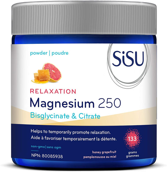 SISU Magnesium 250 (bis)Glycinate & Citrate Powder | Helps to Temporarily Promote Relaxation, Minimize Stress Levels & Improve Sleep Quality | Includes GABA and L-Theanine | Non GMO, Gluten Free, Honey Grapefruit 133 g