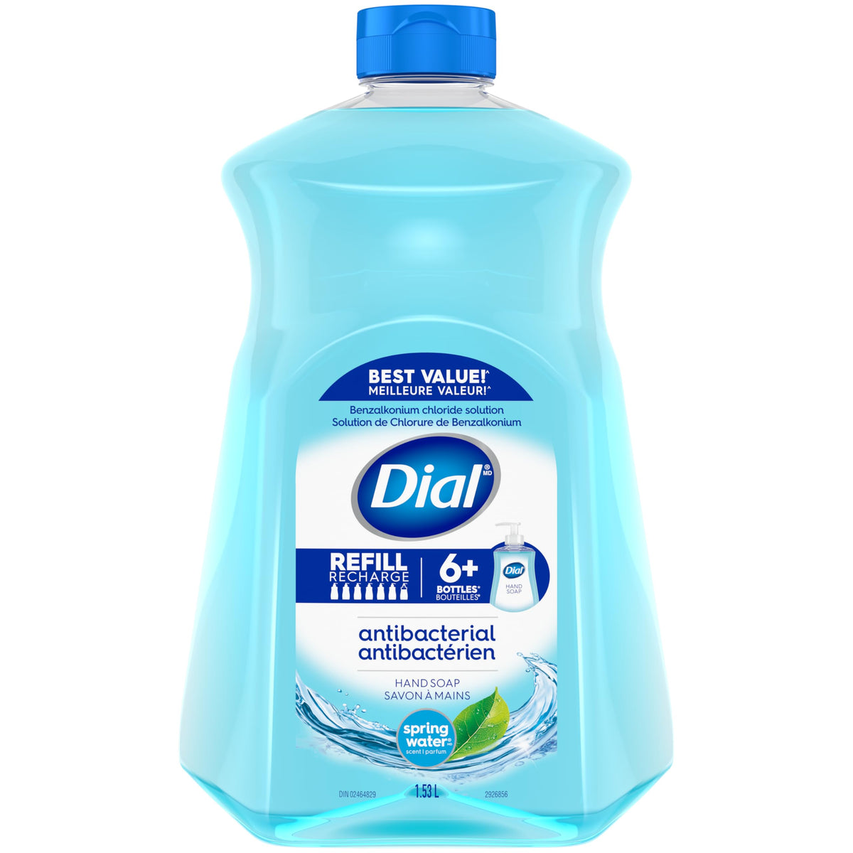 Dial Antibacterial Liquid Hand Soap Refill, Spring Water Scent, 1.53 Litres, Dermatologist Tested, pH Balanced, Free from Silicones, Parabens, Phthalates, SLES/SLS