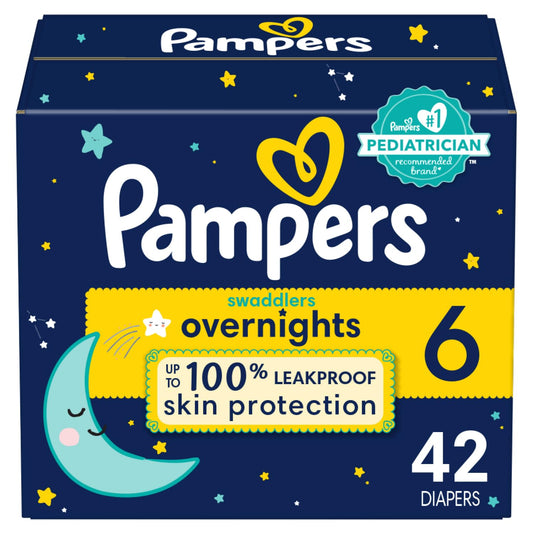 Pampers Diapers Size 6, 42 Count - Pampers Swaddlers Overnights Disposable Baby Diapers, Super Pack (Packaging & Prints May Vary)