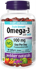 Webber Naturals Omega-3 with CoQ10, 80 Clear Enteric No Fishy Aftertaste Softgels, Supports Cardiovascular Health and Brain Function