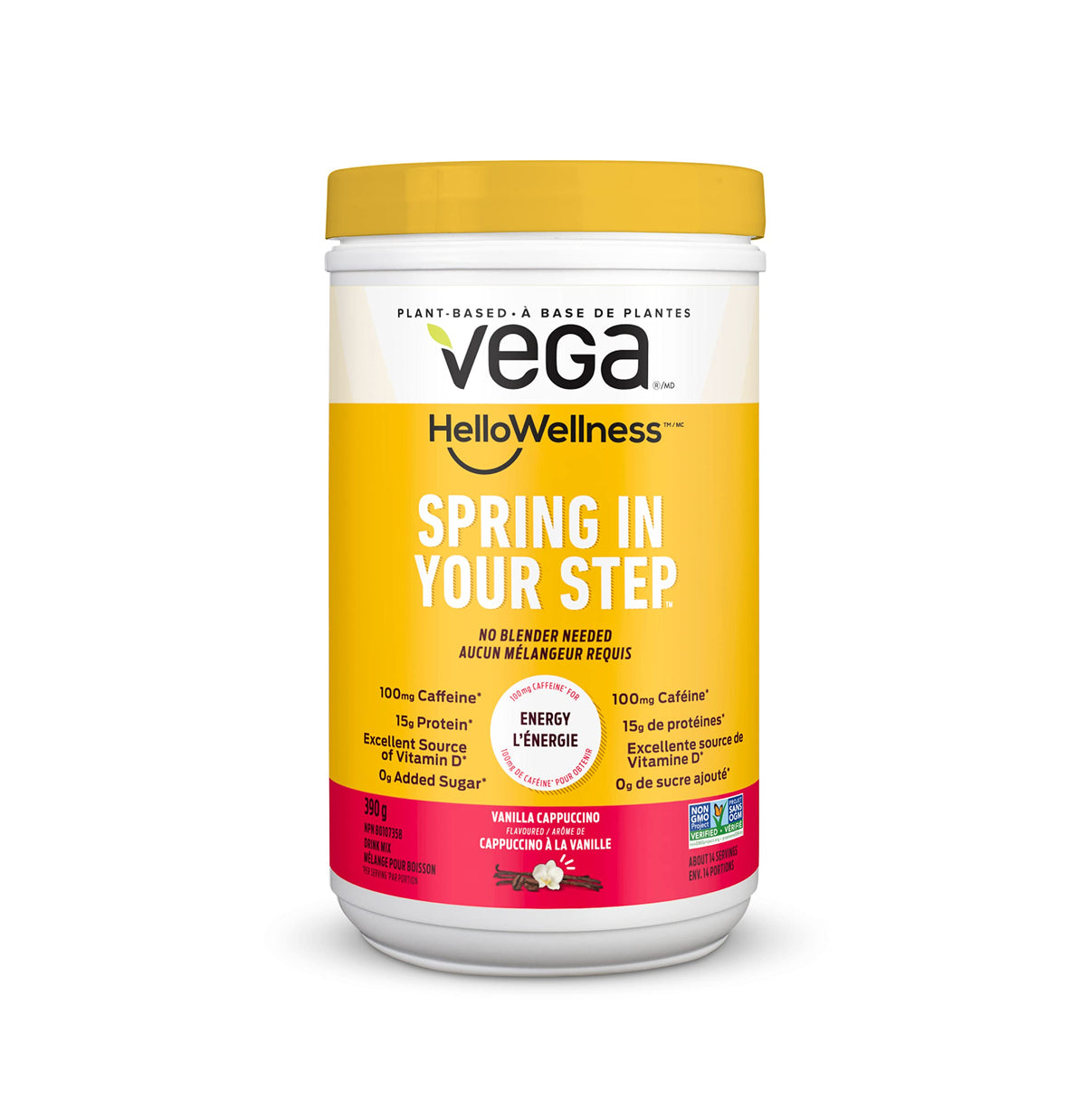 Vega Hello Wellness Spring in Your Step Protein Powder, Vanilla Cappuccino (14 Servings) Plant Based Vegan Protein Powder, 100mg Caffeine, Vitamin D, 390g (Packaging May Vary)