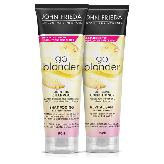 John Frieda Go Blonder Duo for Blondes, Lightening Shampoo and Conditioner, Gradually lightens and brightens natural, colour-treated and highlighted blonde hair, peroxide and ammonia free. Packaging May Vary