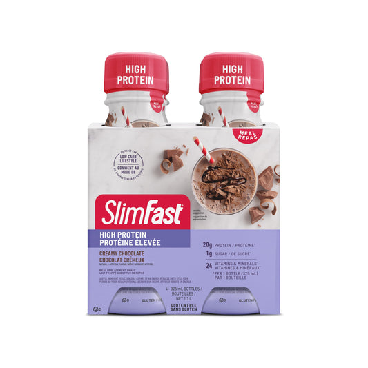 SlimFast High Protein - Protein shake (Ready to drink), Meal Replacement: 20g of protein + 24 Vitamins/Minerals, 5g of Fibers - Creamy Chocolate - 4pack x 325ml/each
