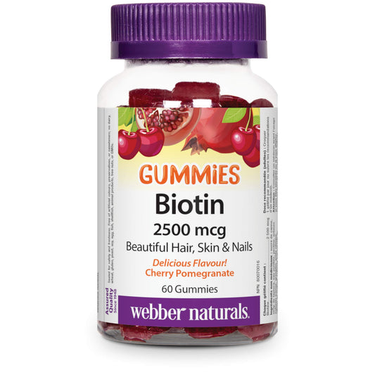 Webber Naturals Biotin Gummy, 2500 mcg of Biotin Per Gummy, 60 Gummies, Supports Healthy Hair, Skin & Nails, Vegan