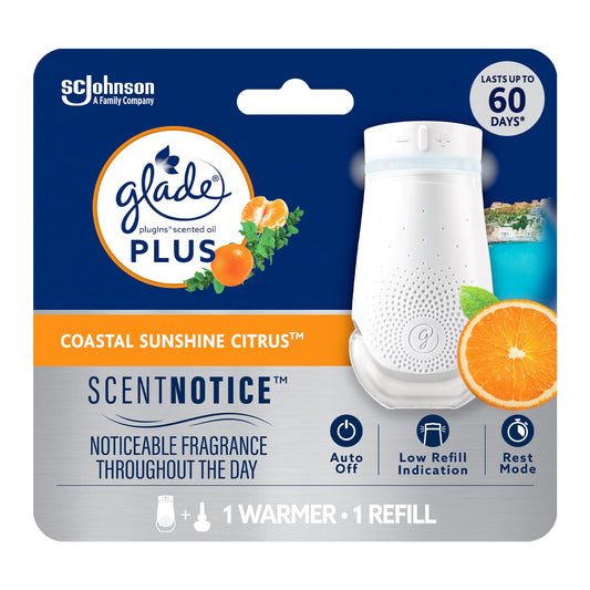 Glade PlugIns Plus Starter Kit, Coastal Sunshine Citrus, 1 Warmer + 1 Refill