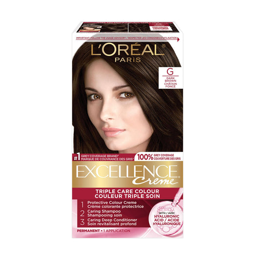 L'Oréal Paris Excellence Crème Hair Dye with Hyaluronic Acid,Dark Brown G, Hair Color for Women, 100% Grey Coverage, Long Lasting Rich Colour, Hair Dye Kit, 1EA