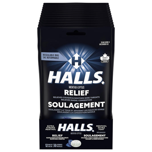 HALLS Extra Strong, Cough Drops, Throat Lozenges, Sore Throat Relief, Mentho-Lyptus, 30 Lozenges, Prepared in Canada
