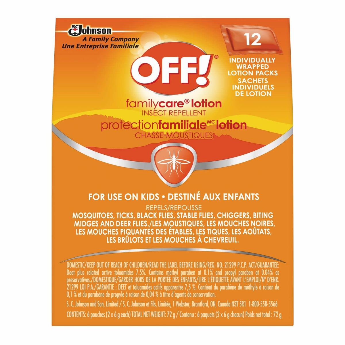OFF! FamilyCare Mosquito & Insect Repellent Lotion, 7.5% DEET, Travel Size Bug Protection for Camping & Outdoors, 6g Pouches, Pack of 12