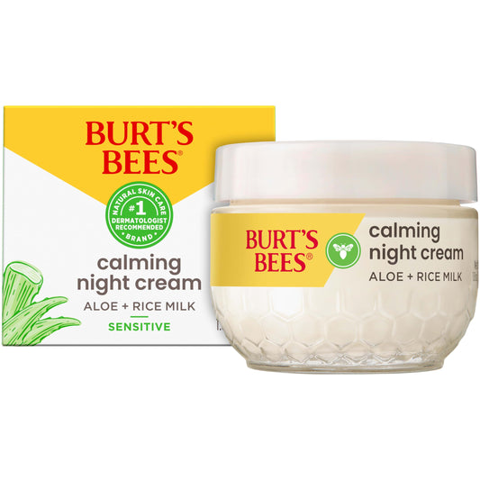 Burt's Bees Sensitive Hydrating Night Face Cream Face Moisturizer for Sensitive Skin with Aloe and Rice Milk, 98.9% Natural Origin, Developed with Dermatologists, 50g, Stocking Stuffer, Christmas Gift