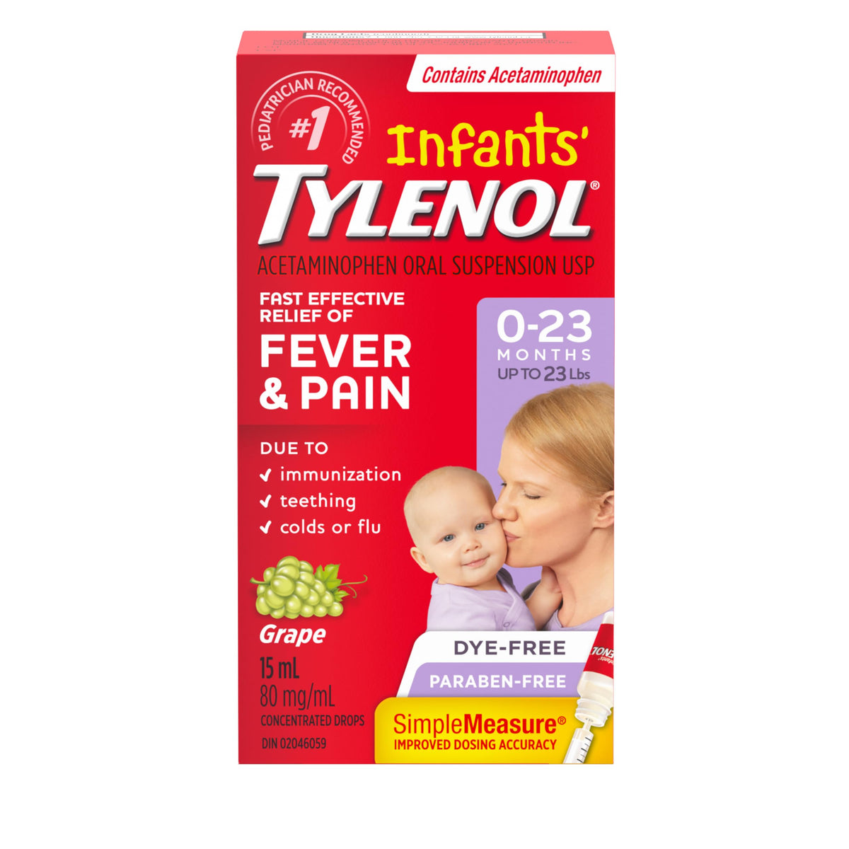 Tylenol Infants' Drops for Fast Fever and Pain Relief, White Grape Flavour, Dye Free, 15 mL Acetaminophen for Teething Pain, Immunization Pain