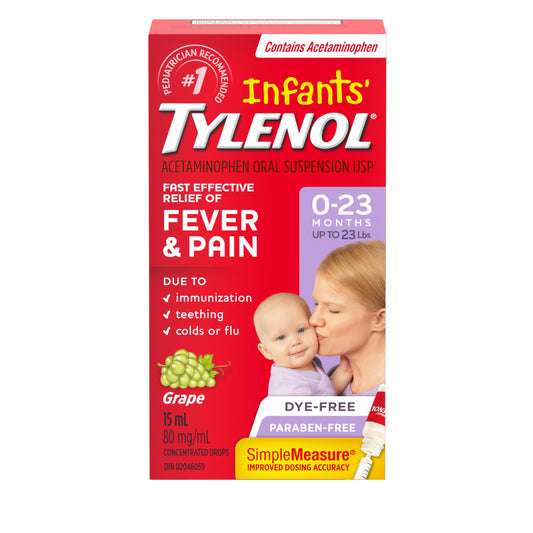 Tylenol Infants' Drops for Fast Fever and Pain Relief, White Grape Flavour, Dye Free, 15 mL Acetaminophen for Teething Pain, Immunization Pain