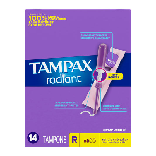 Tampax Radiant Tampons, with LeakGuard Braid, Regular Absorbency, Up to 100% Leak and Odor Free Protection, Unscented, 14 Count