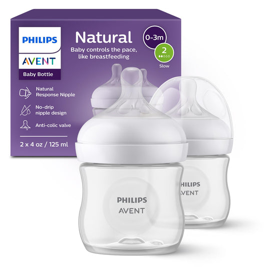 Philips Avent Natural Baby Bottles with Natural Response Nipples (Slow Flow, Flow 2), 4oz, 2-pack, SCY900/02