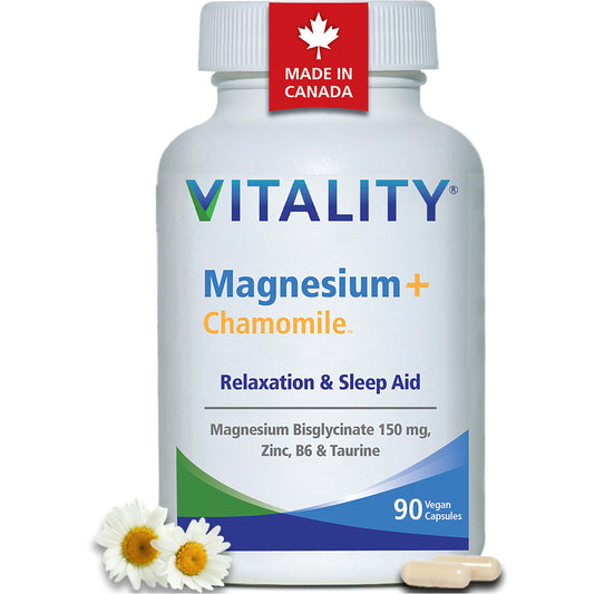 VITALITY Magnesium Bisglycinate + Chamomile – The Only Magnesium with Herbal Calming Complex. Science backed absorption for Sleep, Muscle & Heart Health, Gentle, Canadian made, Vegan, 90 Capsules