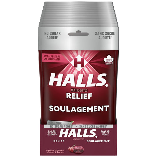 HALLS No Sugar Added, Black Cherry Flavour Cough Drops, Throat Lozenges, Sore Throat Relief, Mentho-Lyptus, 25 Lozenges, Pack of 12, Prepared in Canada