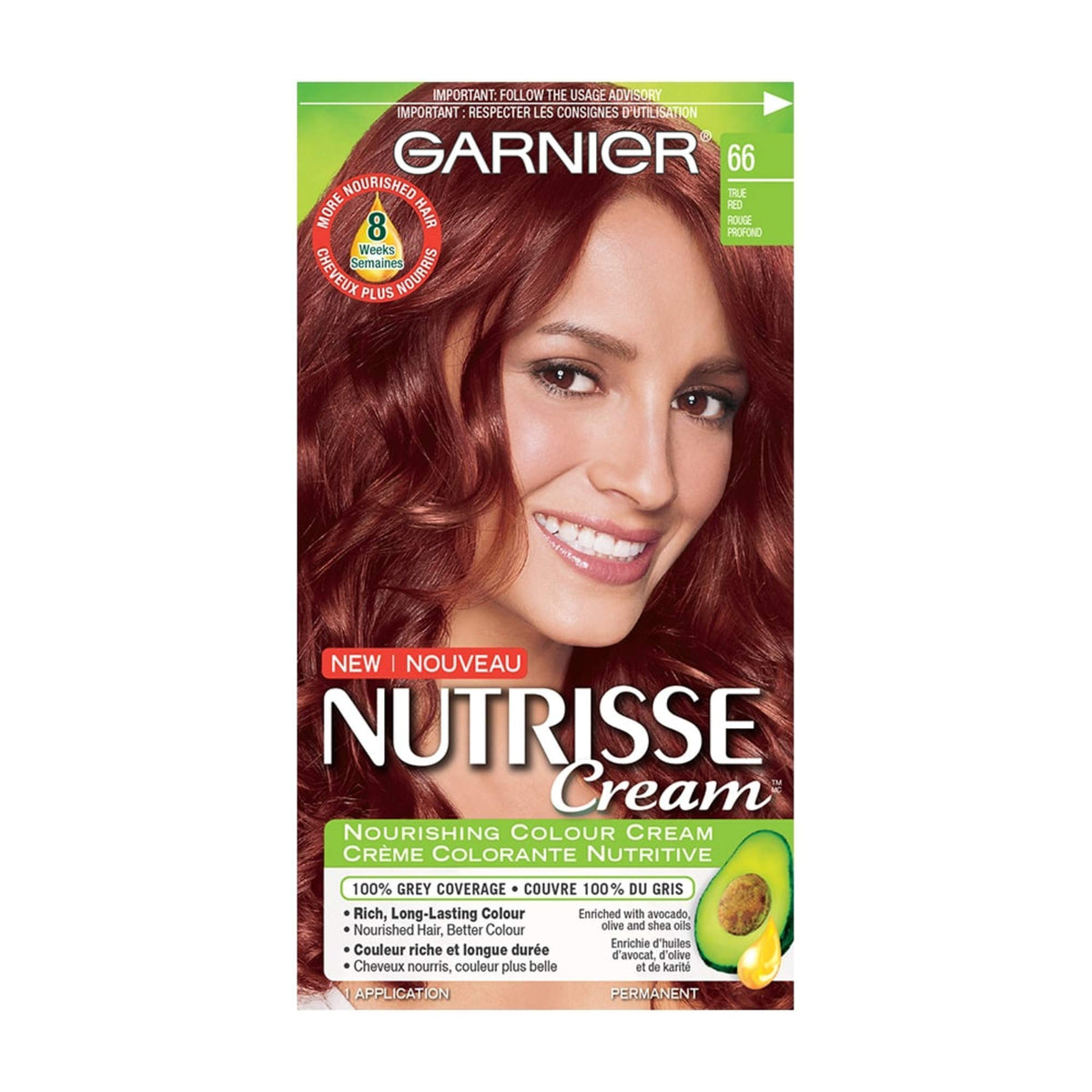 Garnier Nutrisse Cream, Permanent Hair Colour, 66 True Red, 100% Grey Coverage, Nourished Hair Enriched With Avocado Oil, 1 Application