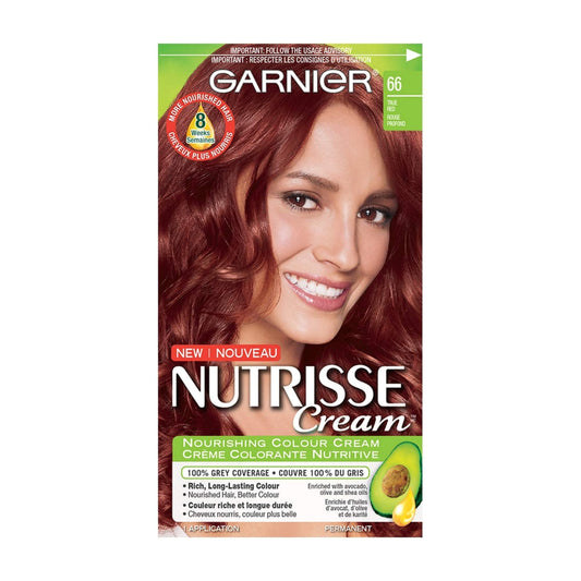 Garnier Nutrisse Cream, Permanent Hair Colour, 66 True Red, 100% Grey Coverage, Nourished Hair Enriched With Avocado Oil, 1 Application