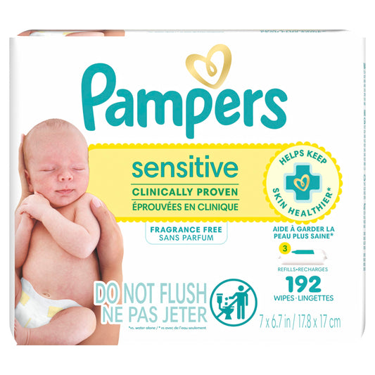 Pampers Baby Wipes, SENSITIVE, 3X Refill Packs, 192 Count